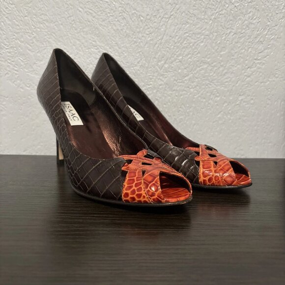 Vintage issac made in italy pump brown and orange tip faux leather croc 9 1/2 - Picture 1 of 7